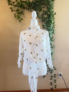 Vanity White Button-Down Shirt with Yellow Floral Print